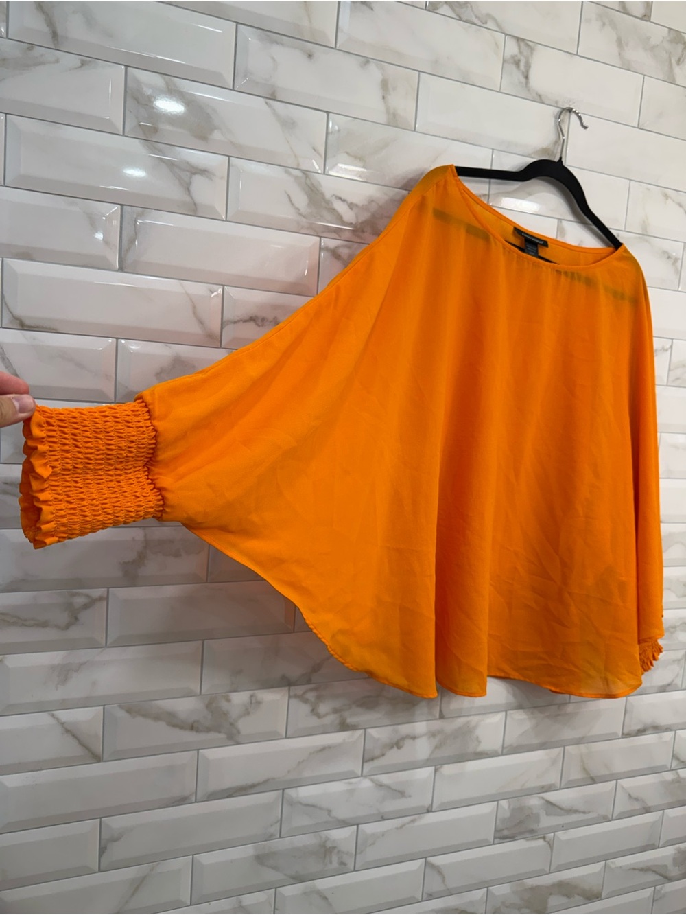 Ashley Stewart Bright Orange Batwing Blouse with Smocked Cuffs
